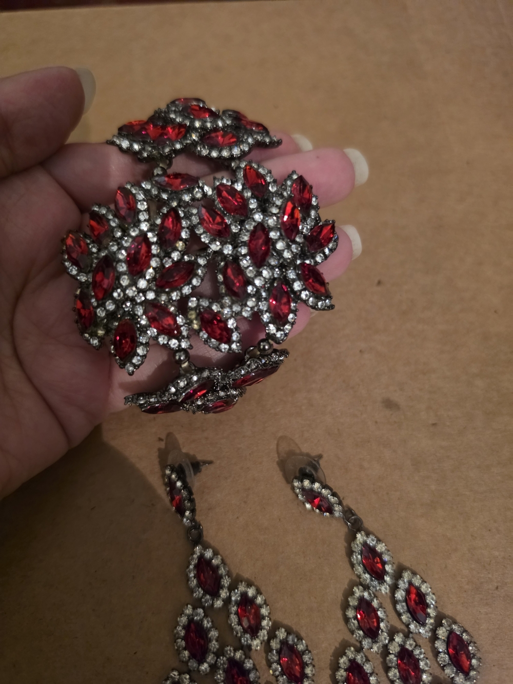 Red Crystal Cluster Bracelet and Earrings Set